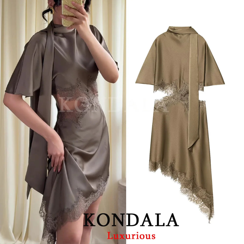 Elegant Sexy Chic Women Mini Dress Asymmetrical Scarf Collar Dress Fashion 2026 Spring Summer Holiday Night Out Dress