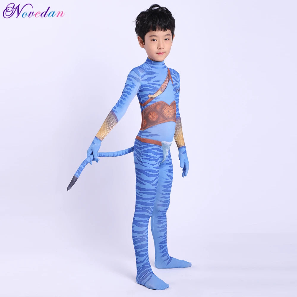 Girls Avatar 2 Neytiri Costumes Tail Suit Boys Jake Sully Cosplay Zentai Bodysuit Jumpsuit Kids Halloween Birthday Party Costume