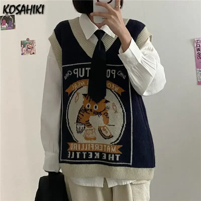 Sweater Vest Women Kawaii Cat Waistcoat Streetwear Knitting Chic Fashion College All-Match Harajuku Y2K Vests Chandails