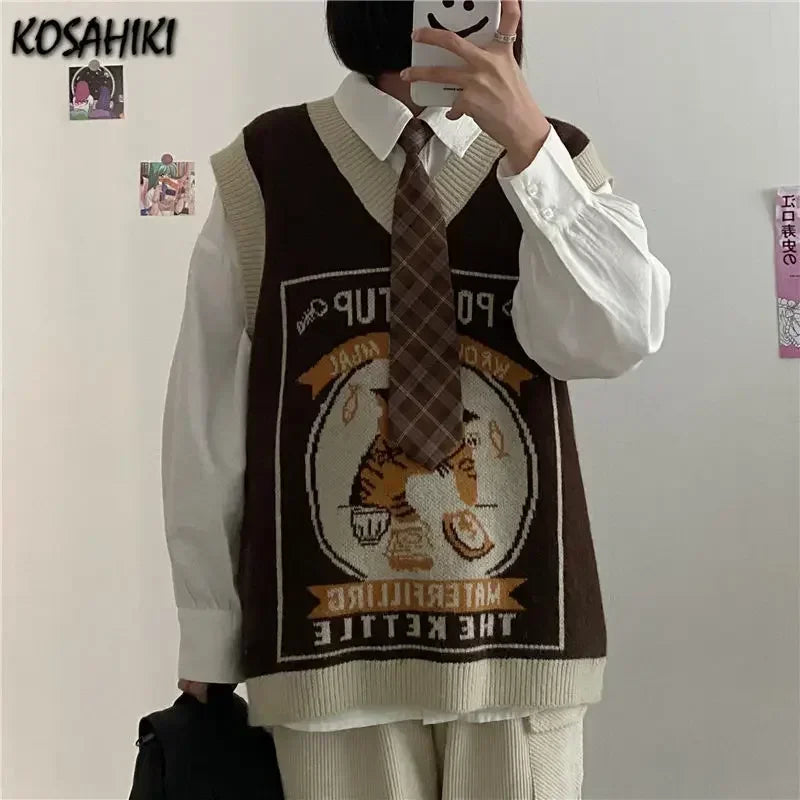 Sweater Vest Women Kawaii Cat Waistcoat Streetwear Knitting Chic Fashion College All-Match Harajuku Y2K Vests Chandails