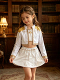 White Gold Printed 3Pcs Costume, Long Sleeve Crop Top Skort, for Dance Performance & Halloween Party