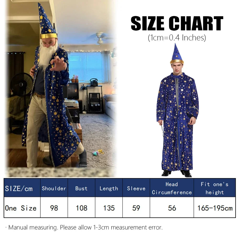 Adults Halloween Costumes Wizard Glittering Stars Robe Pointy Hat Party Cosplay Suit Fancy Clothes