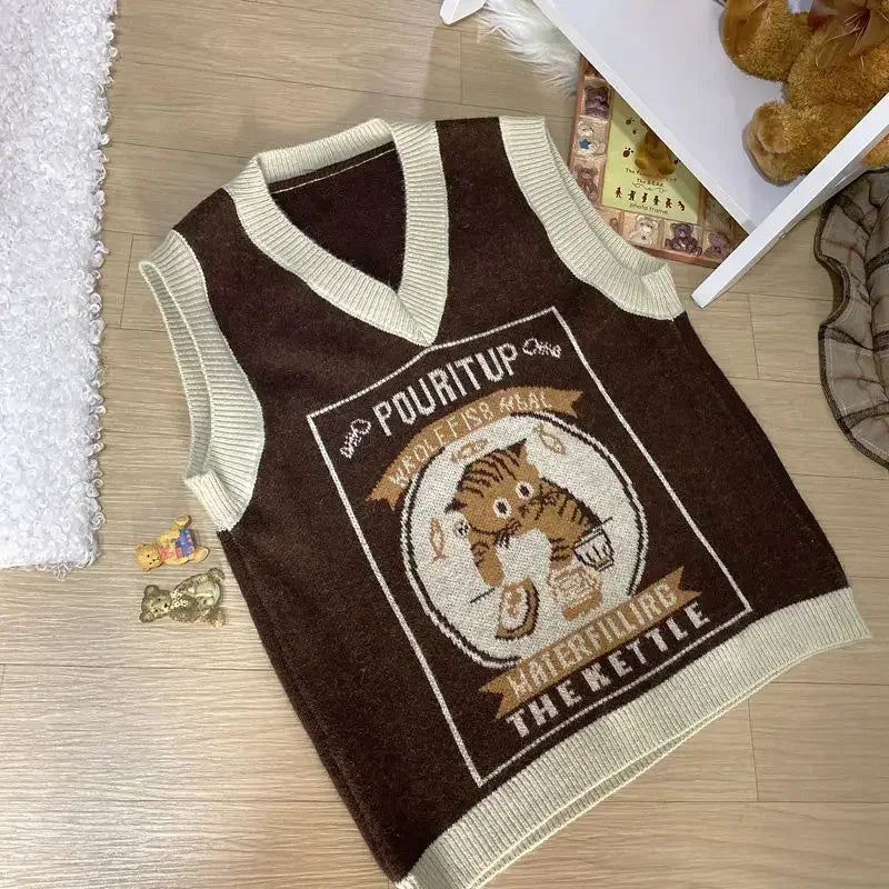 Sweater Vest Women Kawaii Cat Waistcoat Streetwear Knitting Chic Fashion College All-Match Harajuku Y2K Vests Chandails