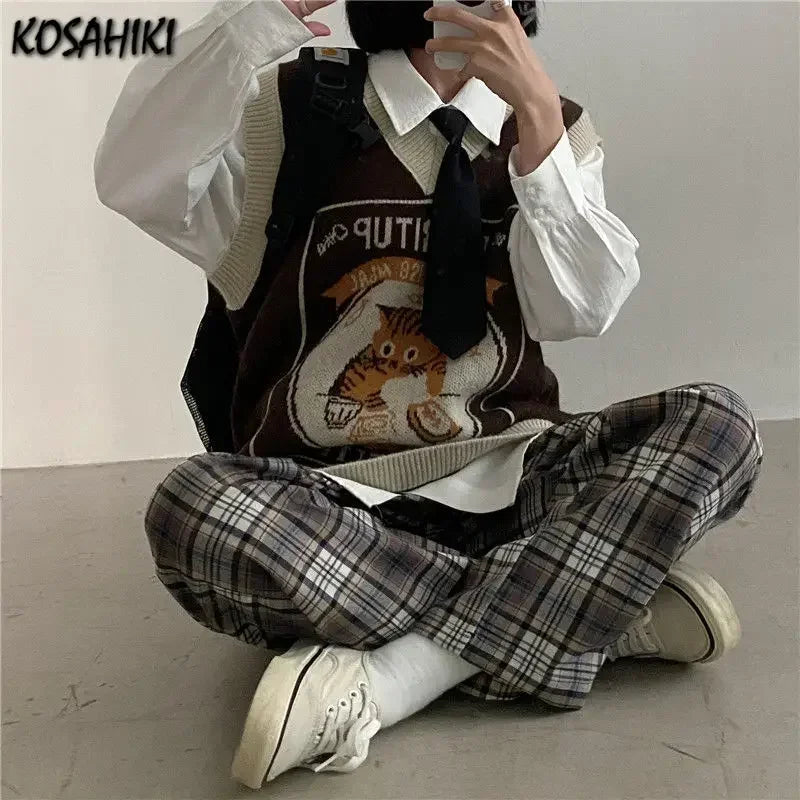 Sweater Vest Women Kawaii Cat Waistcoat Streetwear Knitting Chic Fashion College All-Match Harajuku Y2K Vests Chandails