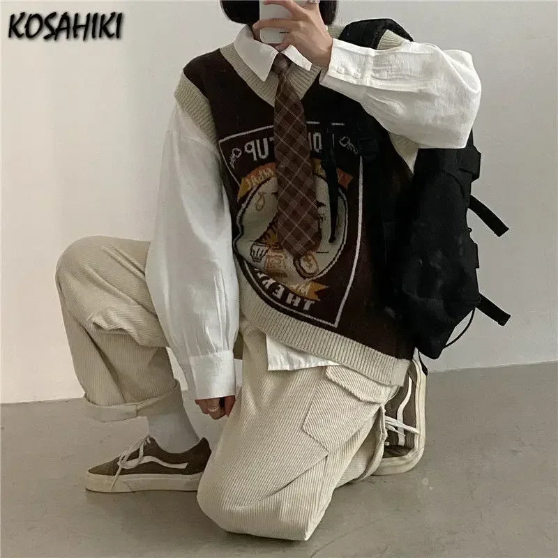 Sweater Vest Women Kawaii Cat Waistcoat Streetwear Knitting Chic Fashion College All-Match Harajuku Y2K Vests Chandails