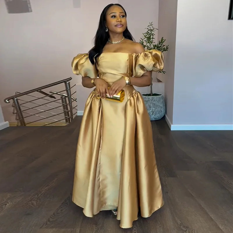 Elegant Dress for Women'S Puff Sleeve Square Collar Gold Solid Pleated A-Line Evening Party Cocktail Maxi Dresses