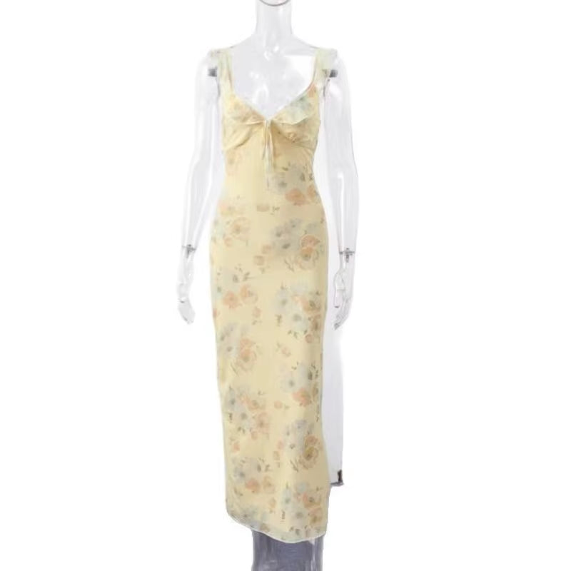 Summer Flower Printed Women'S Sexy Low-Cut Dress Sleeveless Backless Slim Sling Dresses 2025 Beach Vacation Lady Vestidos