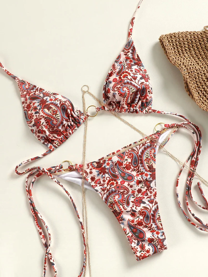 2024 Bathing Suits Triangle Bikinis Printed Swimwear Women'S Low Waist Swimsuit Bandage Biquini Set New Two Piece Suits