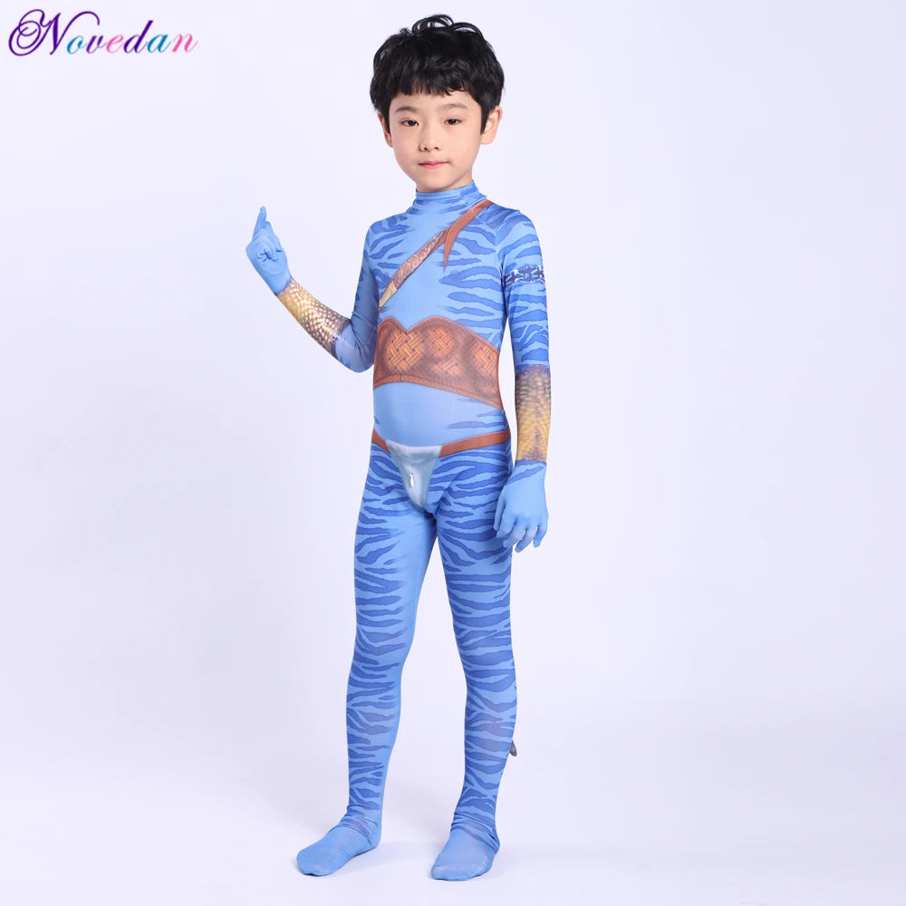 Girls Avatar 2 Neytiri Costumes Tail Suit Boys Jake Sully Cosplay Zentai Bodysuit Jumpsuit Kids Halloween Birthday Party Costume