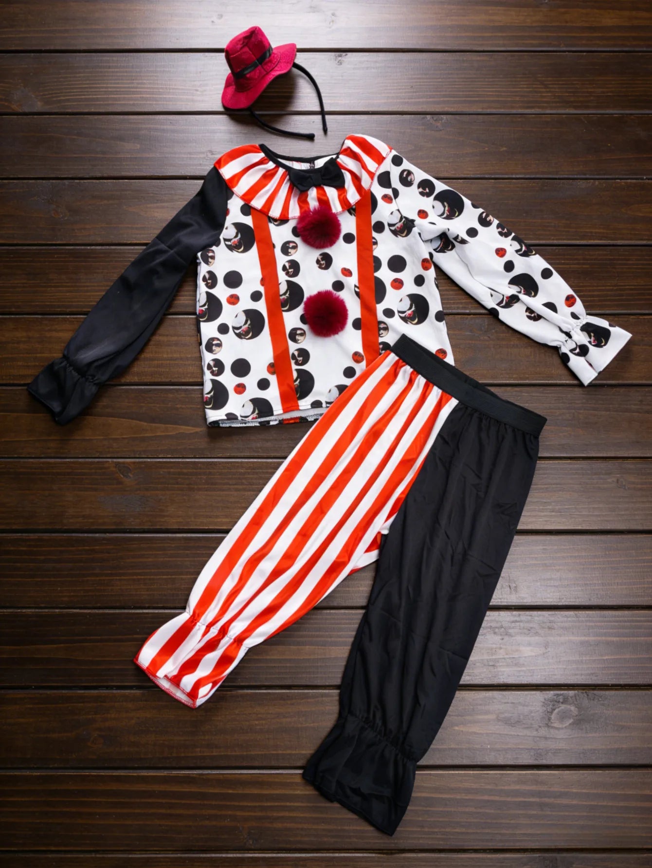Kids Clown Costume Set, Polka Dot Top Striped Pants & Mini Red Hat Headband, Halloween Party Outfit
