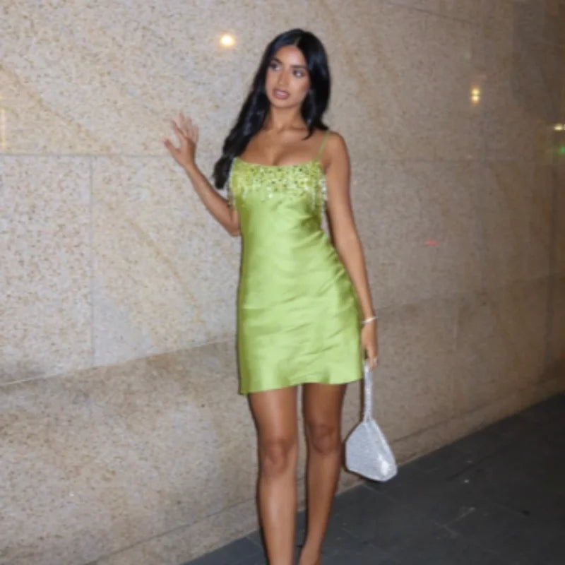 Sequin Tassel Beach Mini Dress Women Satin Spaghetti Straps Square Neck Party Clubs Short Skirt 2026 NEW Summer Vacation Dresses