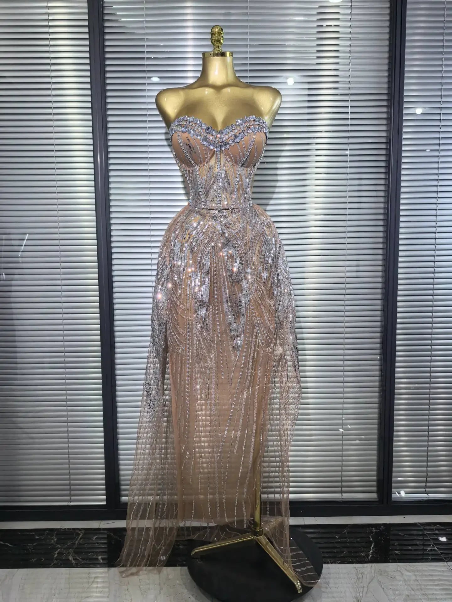 Women Sexy Strapless Mesh Crystal Maxi Dress See through Party Singer Maxi Dress Stage Performance Costume