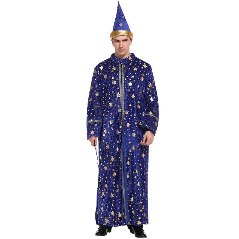 Adults Halloween Costumes Wizard Glittering Stars Robe Pointy Hat Party Cosplay Suit Fancy Clothes