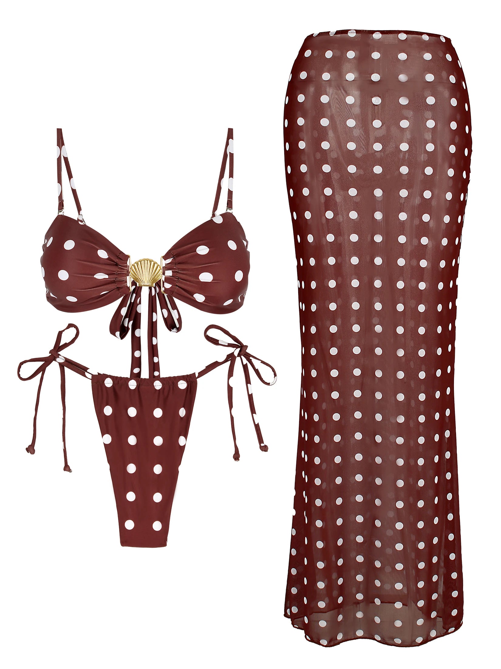 Polka Dot 3 Piece Bikini Chic Strapless Swimsuit Elegant High Waist Beach Skirt 2025 New Bathing Suit with Cover up Dress K271