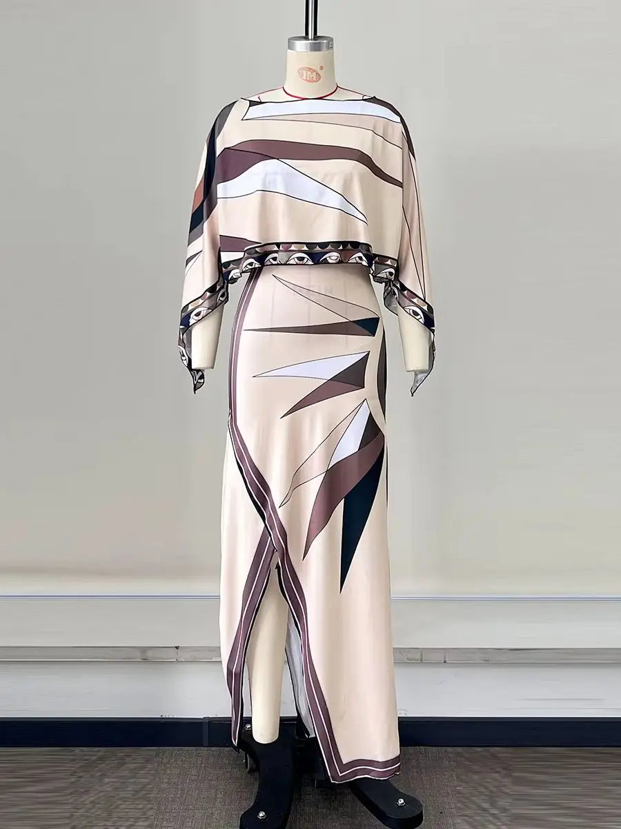 New Sexy Print Two Piece Skirt Halter Beach Dress Women High Waist A-Line Long Skirt Suit Summer Holiday Seaside Casual Set