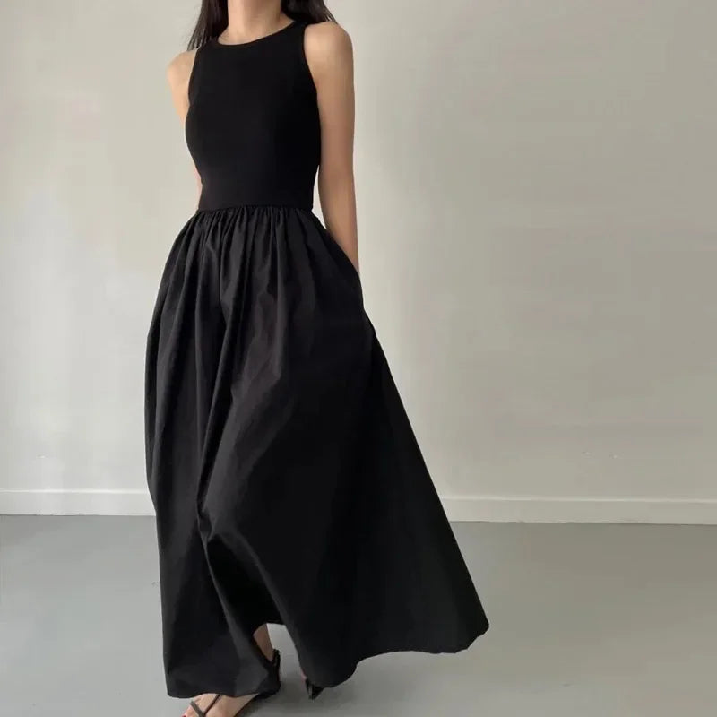 New Summer Simple Elegant Black Long Dresses for Women round Neck Sleeveless High Waist Temperament Female Fashion Style Dress