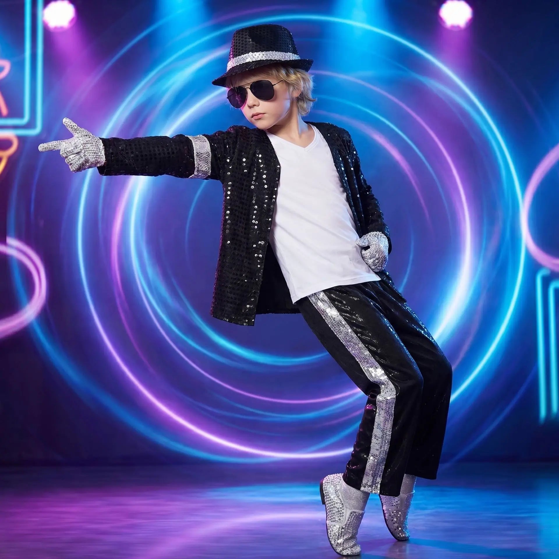 Kids Cosplay Dance Star Costume Set Metallic Shiny 80S 90S Stage Party Outfit Boy Girl Clothing Children Michael Jackson Costume