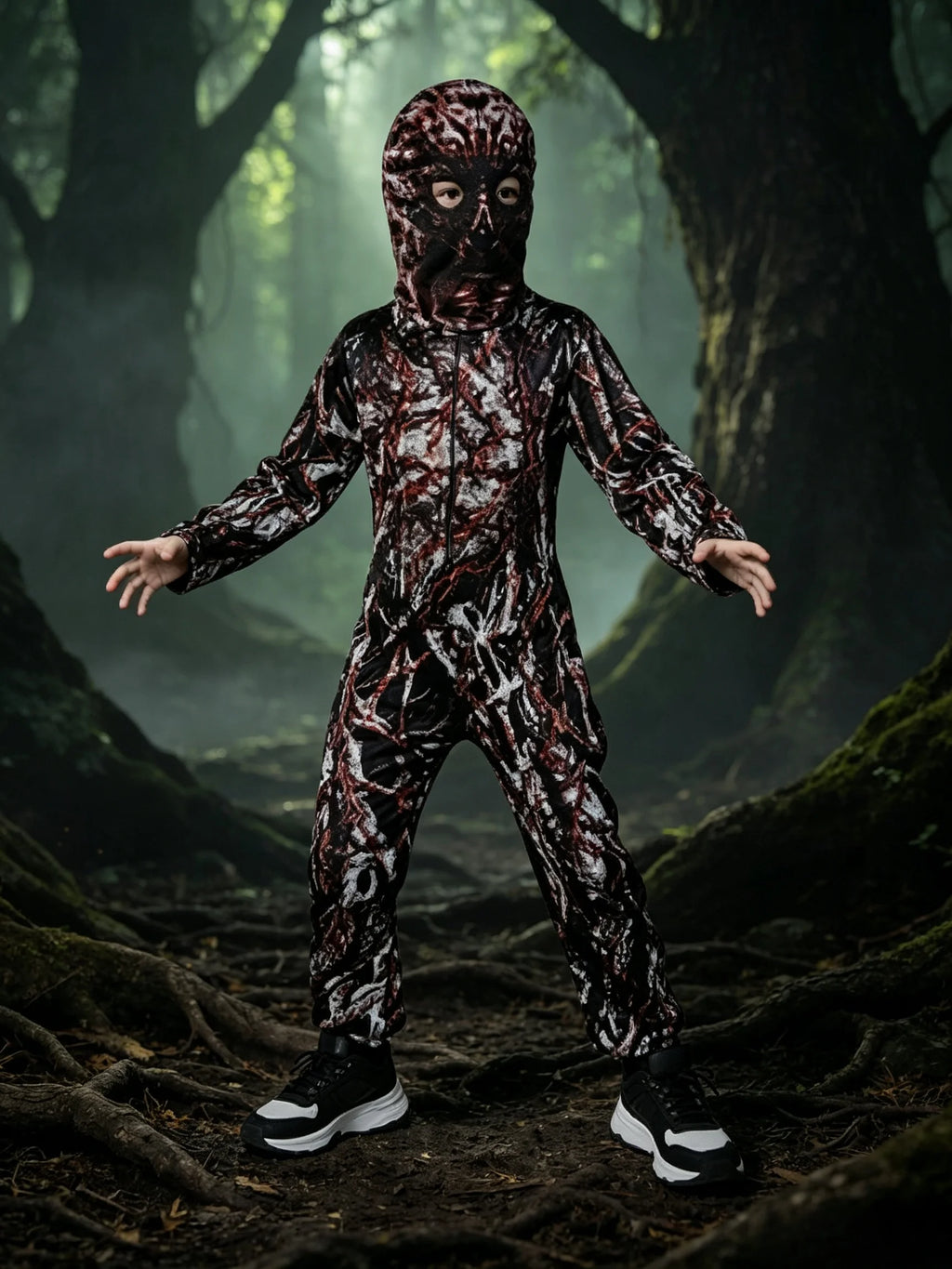 Forest Camouflage Costume 2-Piece Jumpsuit Head Cover Tree Branch Print Halloween Invisible Camo Cosplay Outfit