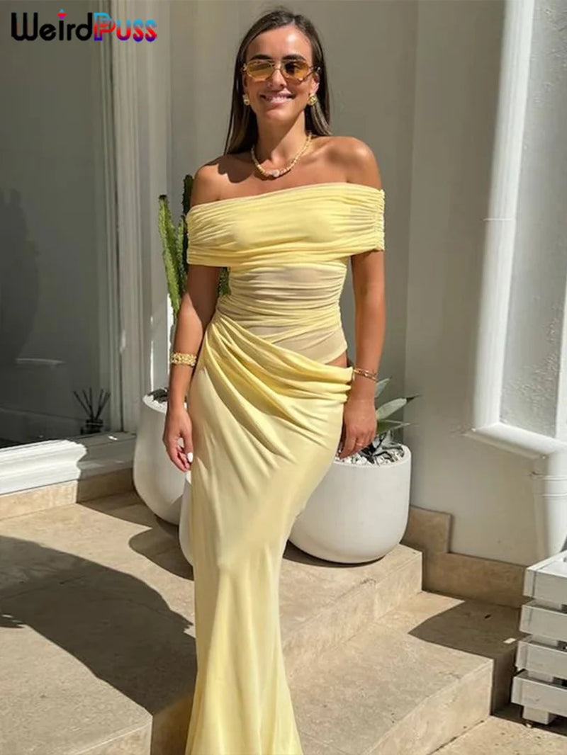 Ruched Irregular Dress Women Mesh Patchwork Slash Neck Short Sleeve Skinny Stretch Trend Elegant Long Bodycon Outfits