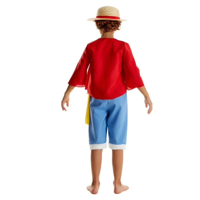 Luffy Cosplay Costume Anime Piece Coat Pants Hat for Kids Children Beach Clothing Halloween Carnival Party Role Play Suit
