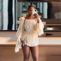 Satin Off-Shoulder Pleated Mini Dress for Women Fashion Puff Sleeve Cinched Waist Prom Party Skirt 2026 NEW Spring Lady Dresses