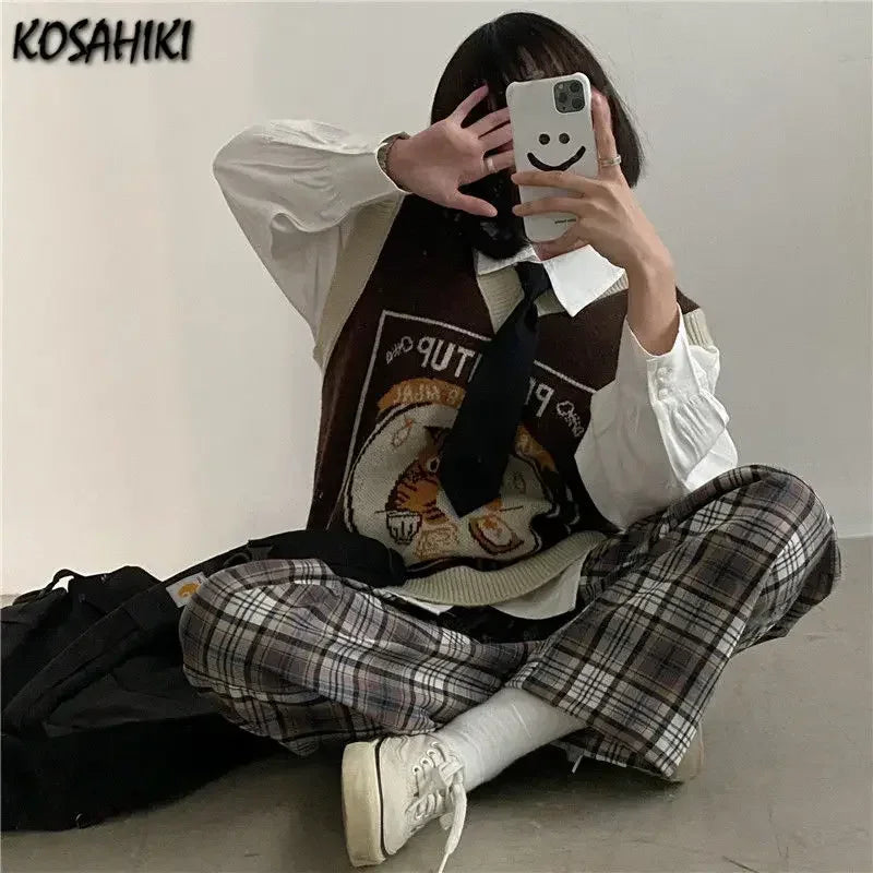 Sweater Vest Women Kawaii Cat Waistcoat Streetwear Knitting Chic Fashion College All-Match Harajuku Y2K Vests Chandails