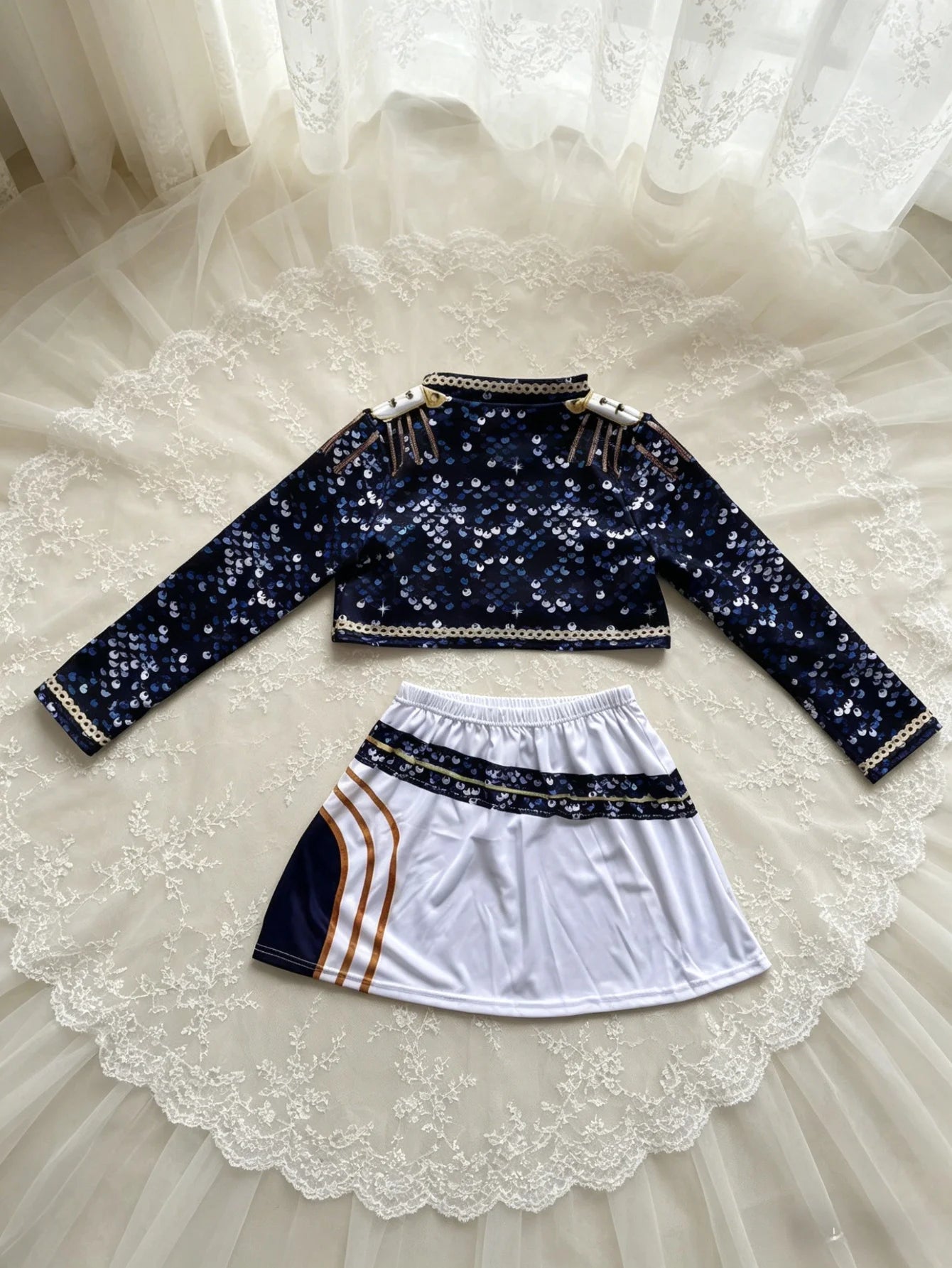 Girls Navy Sequin Two Piece Stage Outfit