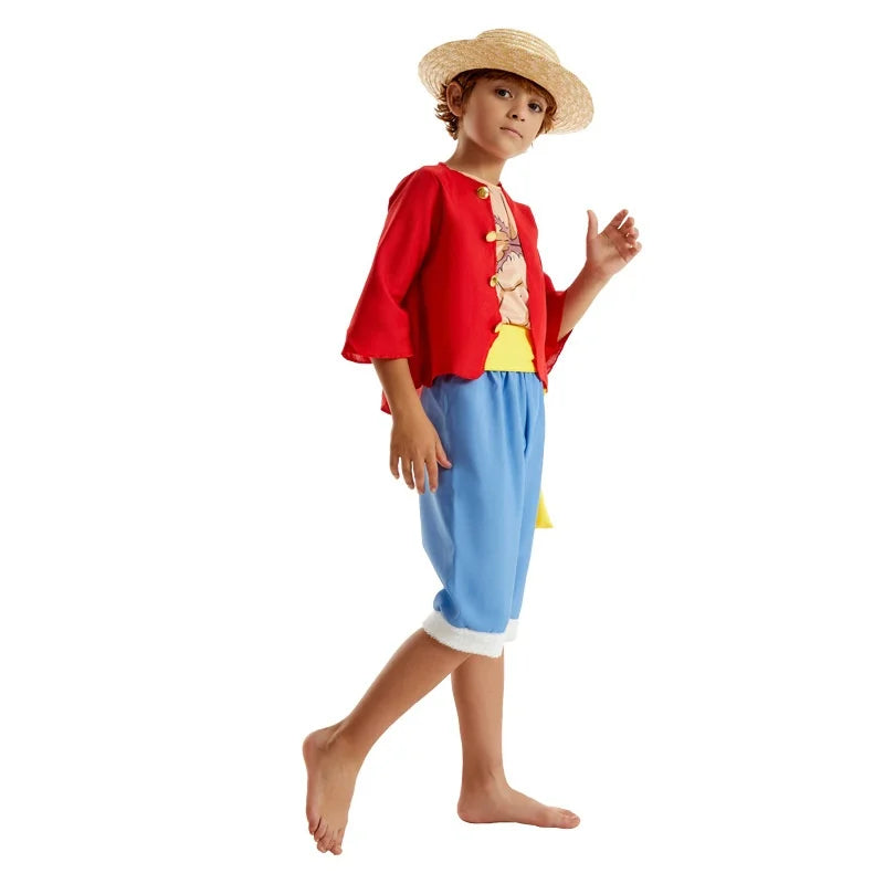 Luffy Cosplay Costume Anime Piece Coat Pants Hat for Kids Children Beach Clothing Halloween Carnival Party Role Play Suit