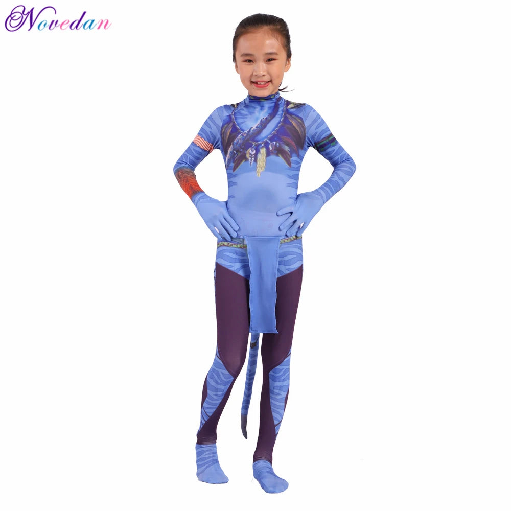 Girls Avatar 2 Neytiri Costumes Tail Suit Boys Jake Sully Cosplay Zentai Bodysuit Jumpsuit Kids Halloween Birthday Party Costume
