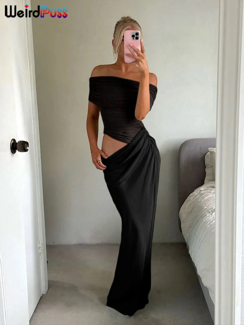 Ruched Irregular Dress Women Mesh Patchwork Slash Neck Short Sleeve Skinny Stretch Trend Elegant Long Bodycon Outfits