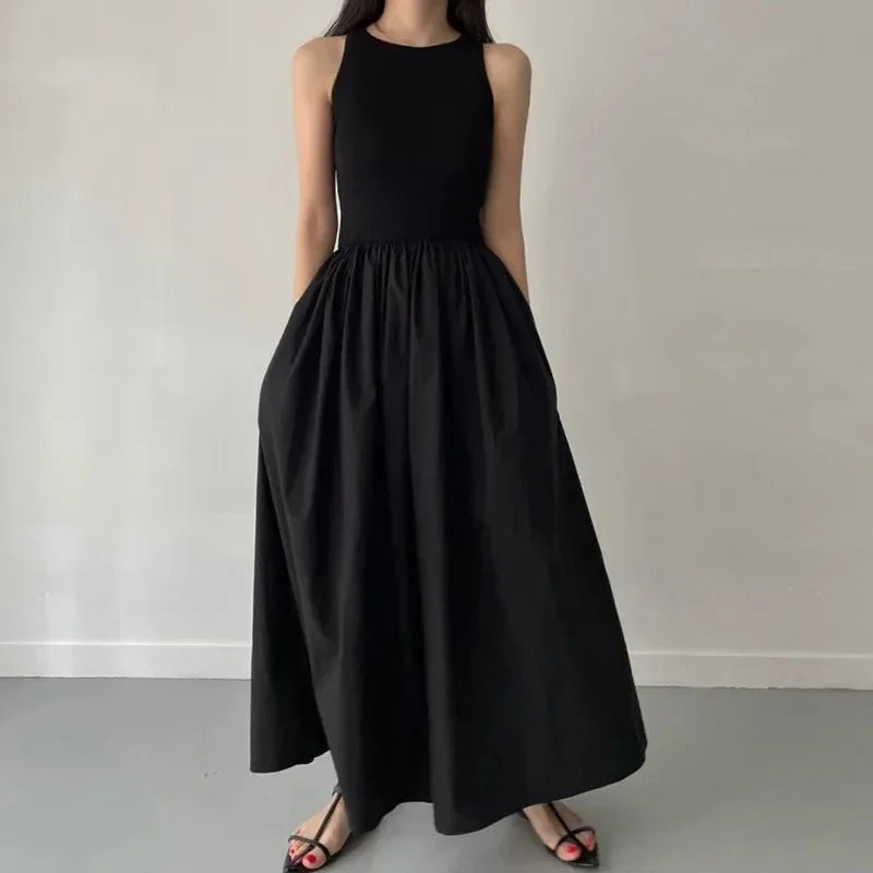 New Summer Simple Elegant Black Long Dresses for Women round Neck Sleeveless High Waist Temperament Female Fashion Style Dress
