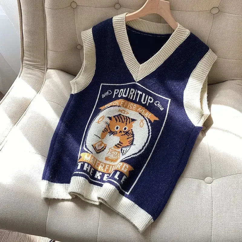 Sweater Vest Women Kawaii Cat Waistcoat Streetwear Knitting Chic Fashion College All-Match Harajuku Y2K Vests Chandails