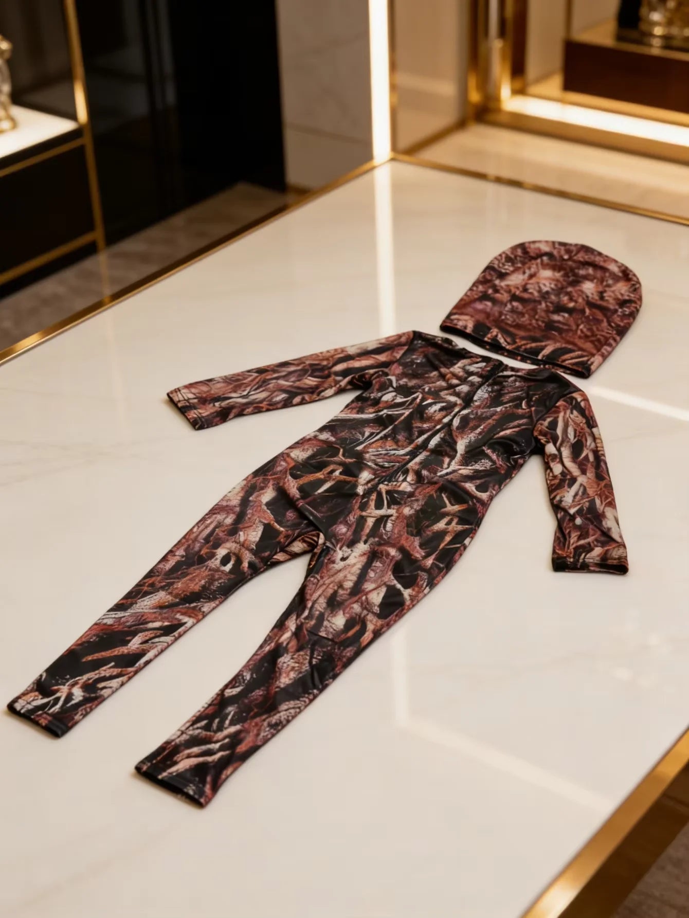 Forest Camouflage Costume 2-Piece Jumpsuit Head Cover Tree Branch Print Halloween Invisible Camo Cosplay Outfit
