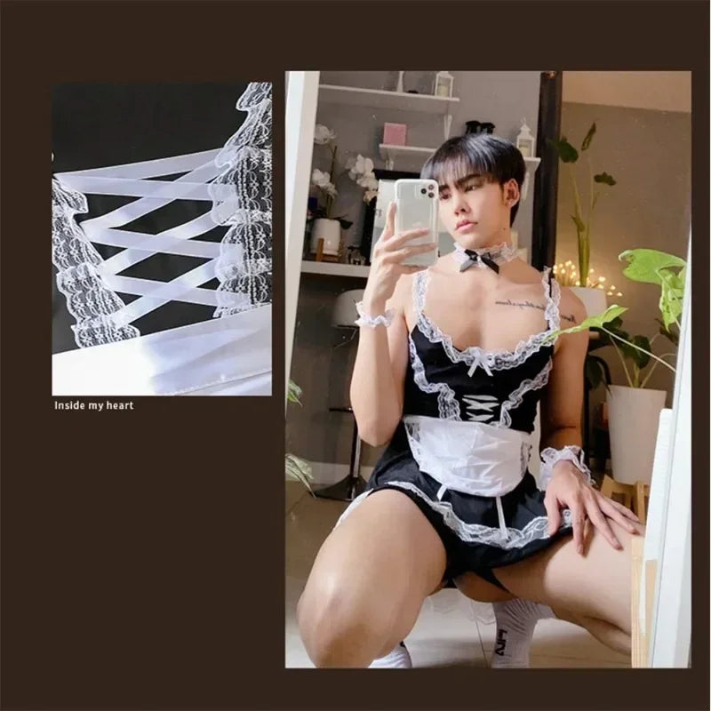 Mens Sexy Sissy plus Size Lingerie Set Man Cosplay Maid Outfit Lace Suspender Skirt Roleplay Crossdresser Gay Fetish Cosplay 18