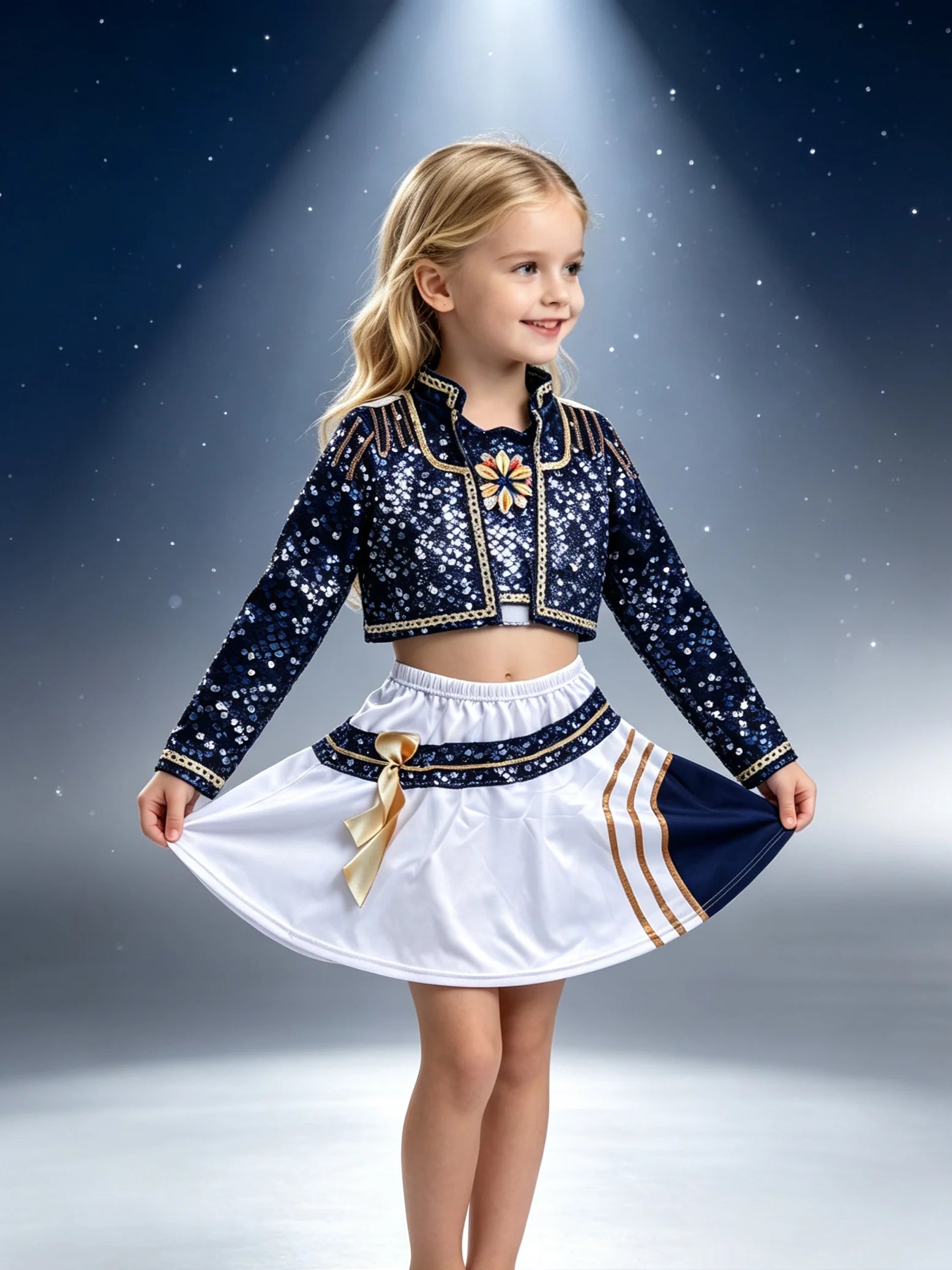 Girls Navy Sequin Two Piece Stage Outfit