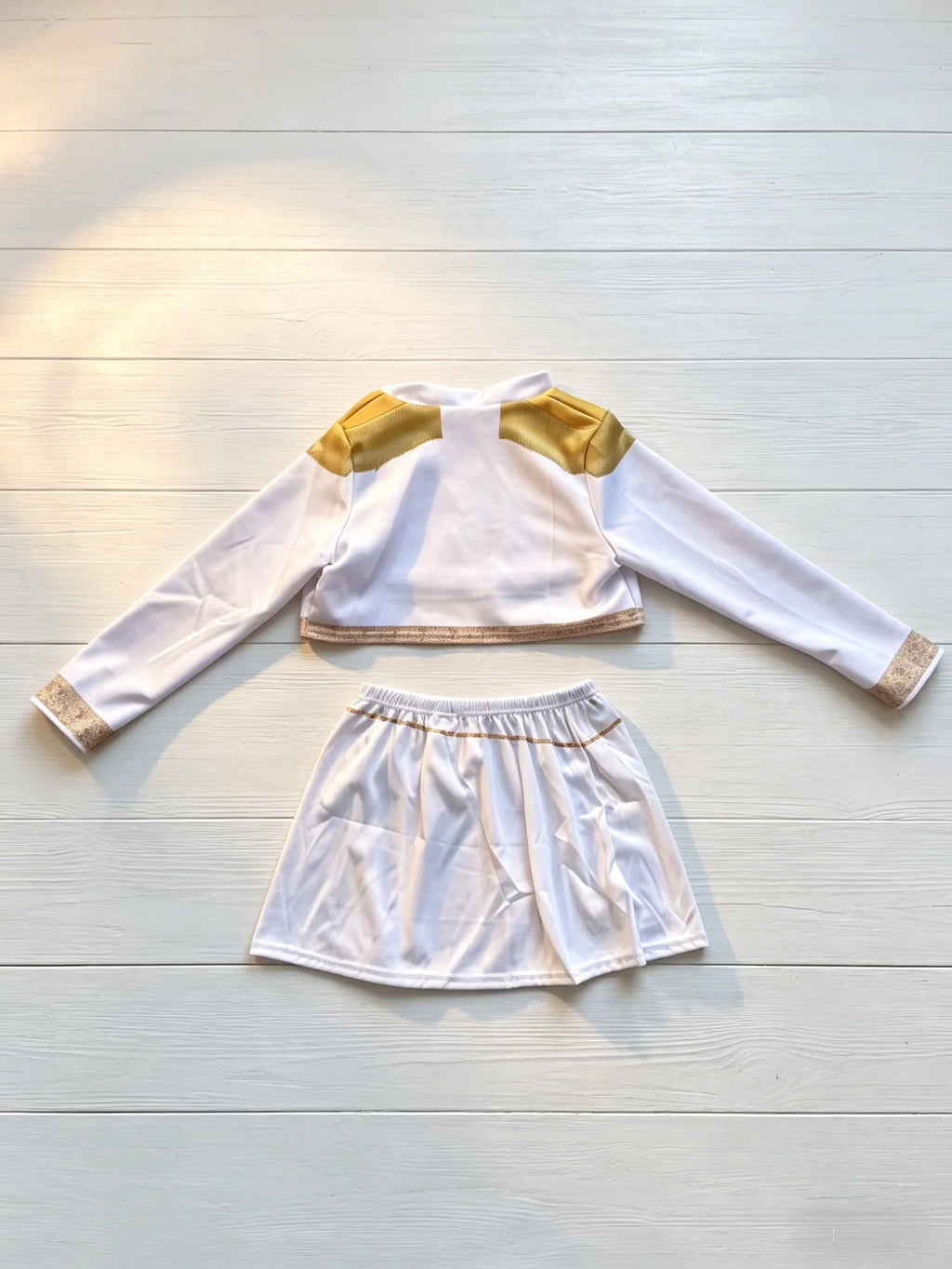 White Gold Printed 3Pcs Costume, Long Sleeve Crop Top Skort, for Dance Performance & Halloween Party