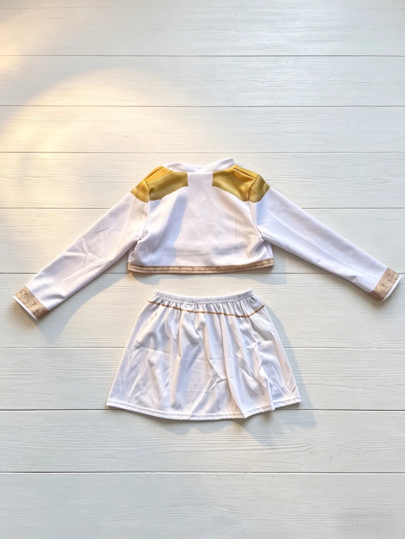 White Gold Printed 3Pcs Costume, Long Sleeve Crop Top Skort, for Dance Performance & Halloween Party