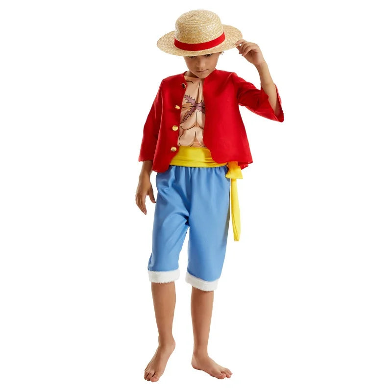Luffy Cosplay Costume Anime Piece Coat Pants Hat for Kids Children Beach Clothing Halloween Carnival Party Role Play Suit