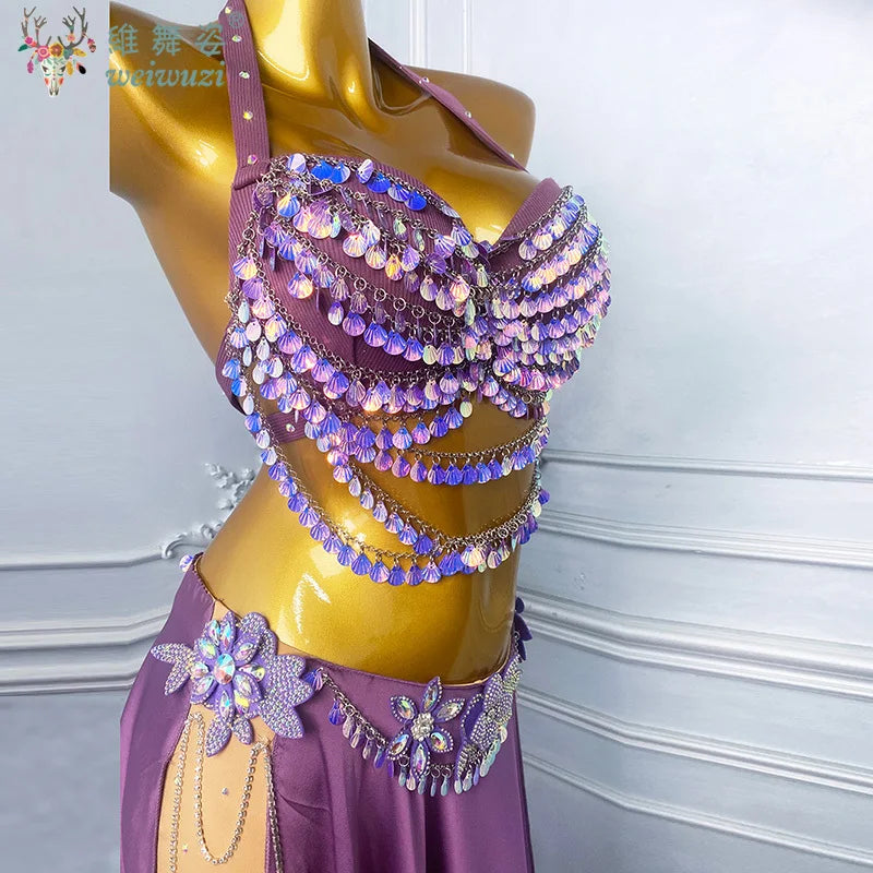 Belly Dancing Performance Set for Women'S Customized Senior Sequin Bra+Sexy Split Long Skirt Oriental Dance Competition Costume