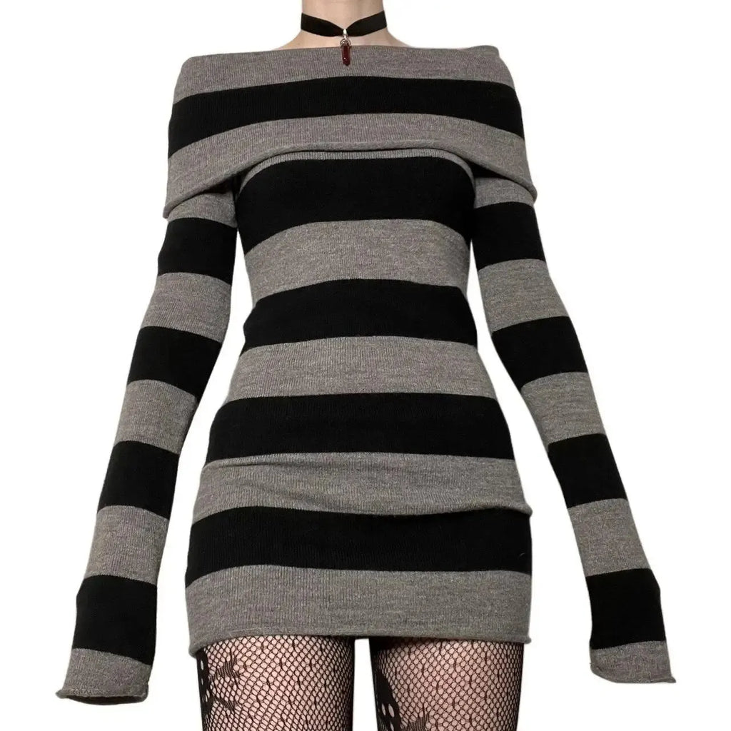 Women Striped Mini Bodycon Dress Stripe Boat-Neck off Shoulder Long Sleeve Short Dress Spring Autumn Wrapped Hip Party Dress