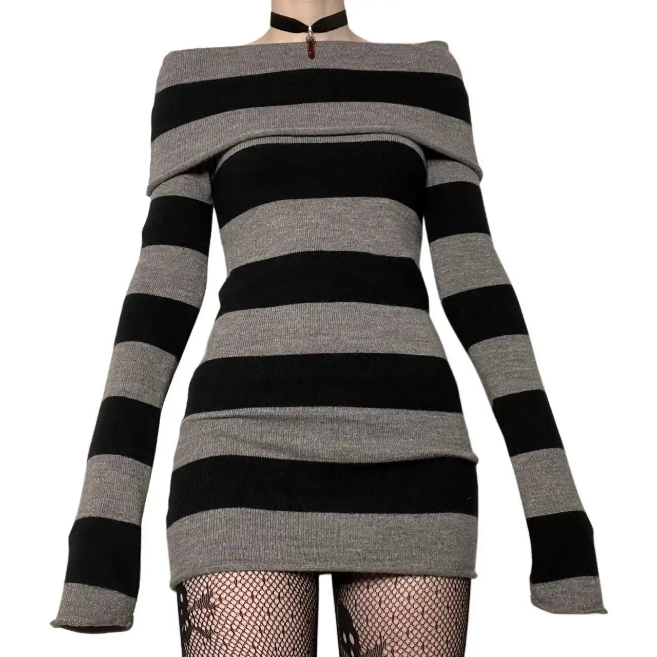 Women Striped Mini Bodycon Dress Stripe Boat-Neck off Shoulder Long Sleeve Short Dress Spring Autumn Wrapped Hip Party Dress