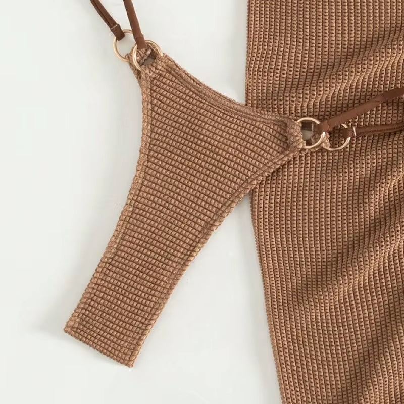 Sexy Brown Bikini Set 2025 Women Halter Push up Bra Skirt 3 Piece Swimsuit Summer Bathing Suit Cover up Thong Swimwear Biquini