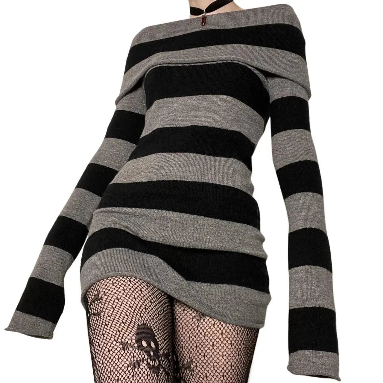 Women Striped Mini Bodycon Dress Stripe Boat-Neck off Shoulder Long Sleeve Short Dress Spring Autumn Wrapped Hip Party Dress