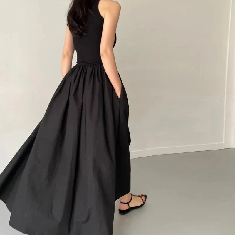 New Summer Simple Elegant Black Long Dresses for Women round Neck Sleeveless High Waist Temperament Female Fashion Style Dress
