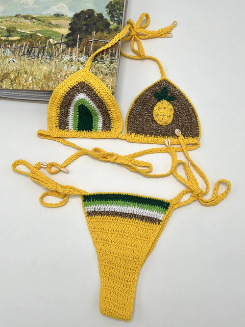 2024 Yellow Stripe Crochet Handmade Bikini Sets Sexy Brazil Pineapple Bathing Suit Swimsuit Swimwear Boho Beachwear Women
