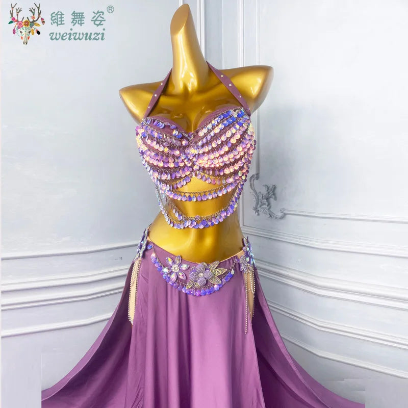 Belly Dancing Performance Set for Women'S Customized Senior Sequin Bra+Sexy Split Long Skirt Oriental Dance Competition Costume