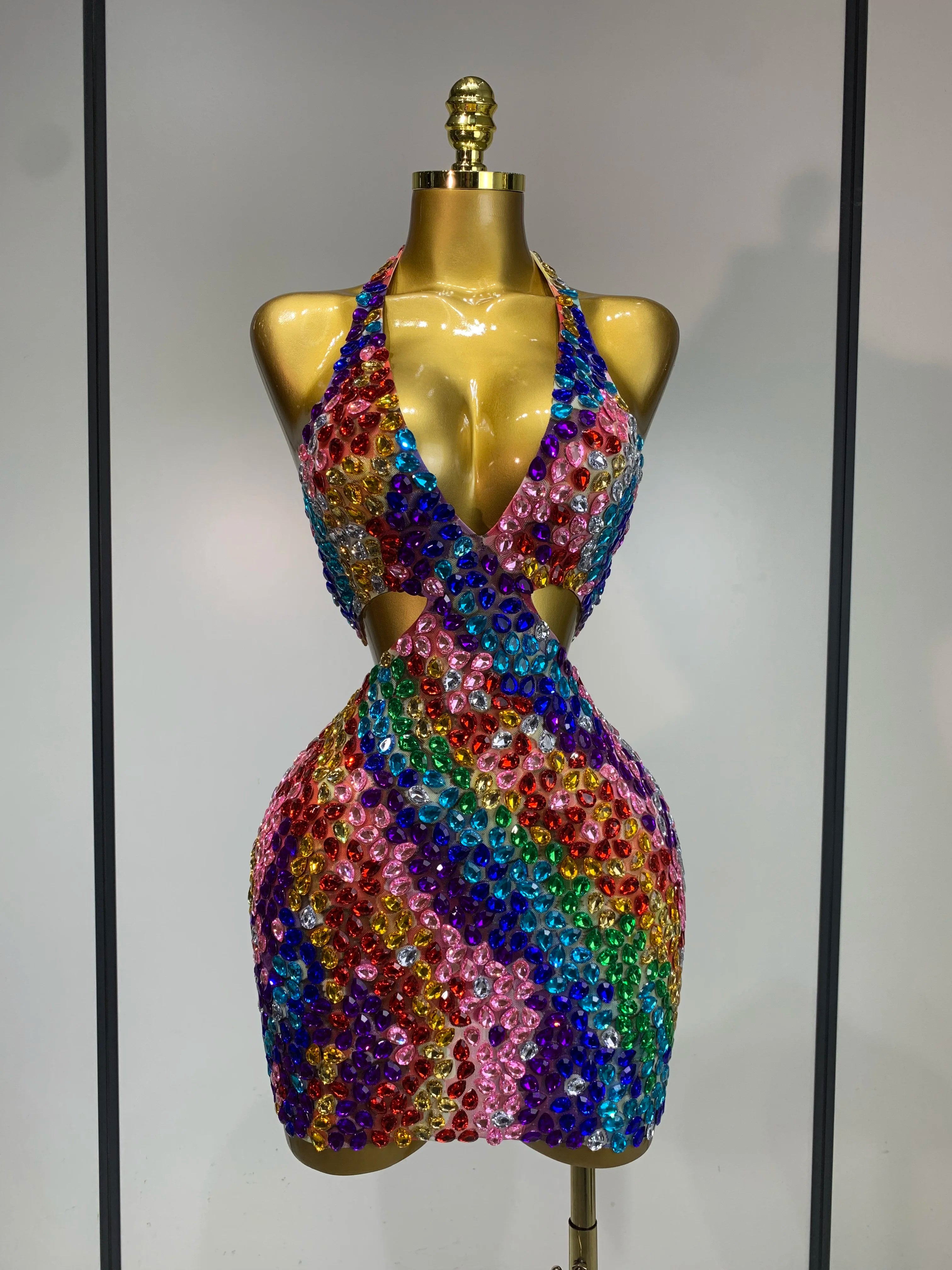 Women Sexy Halter Colorful Diamonds Backless Mini Dresses Celebrity Luxury Birthday Evening Party Gowns Nightclub Stage Outfit