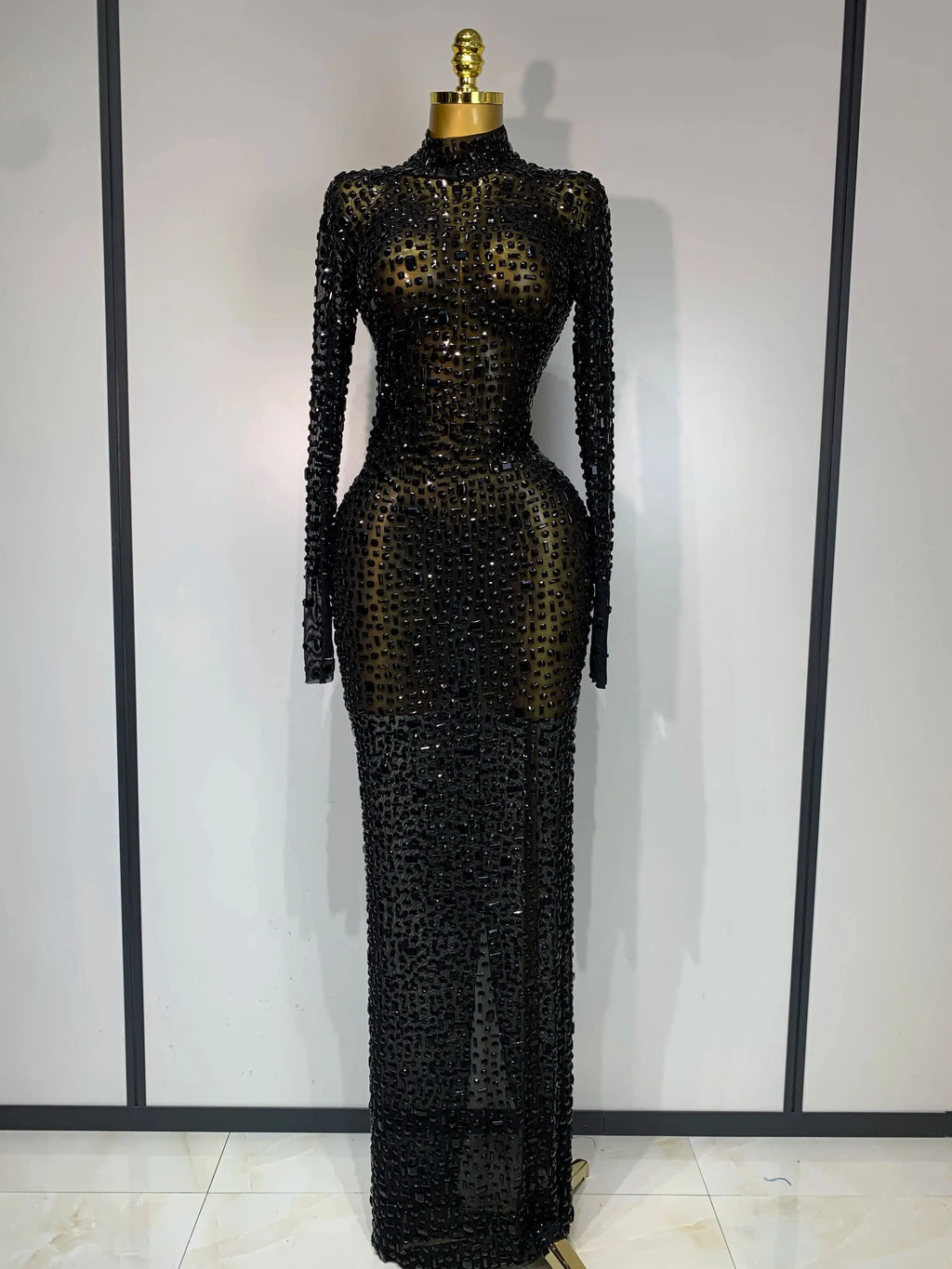 Sparkly Luxury Rhinstones Long Sleeve Elegant Party Dress Women 2025 Performance Stage Outfit Evening Birthday Prom Gown