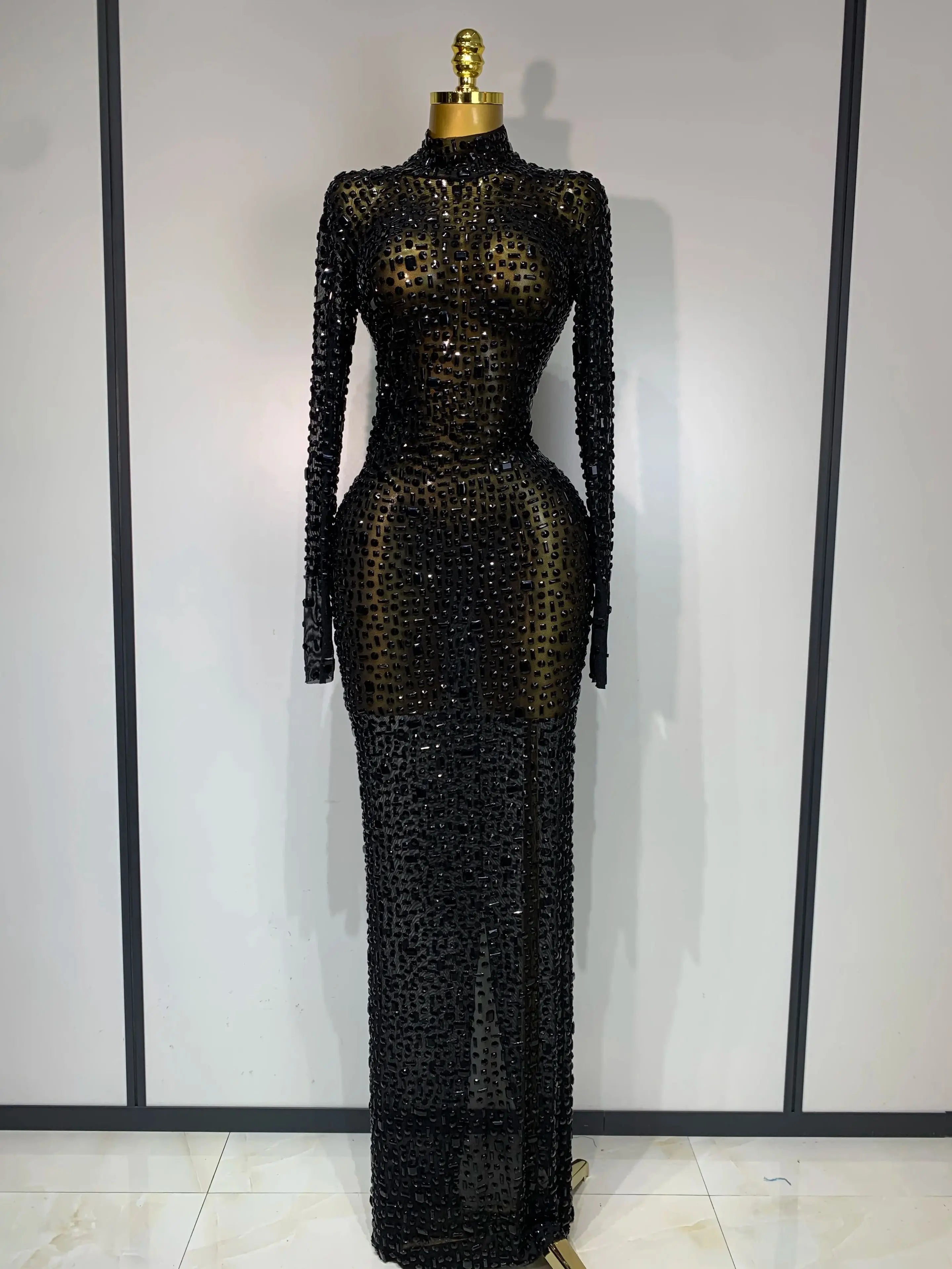 Sparkly Luxury Rhinstones Long Sleeve Elegant Party Dress Women 2025 Performance Stage Outfit Evening Birthday Prom Gown