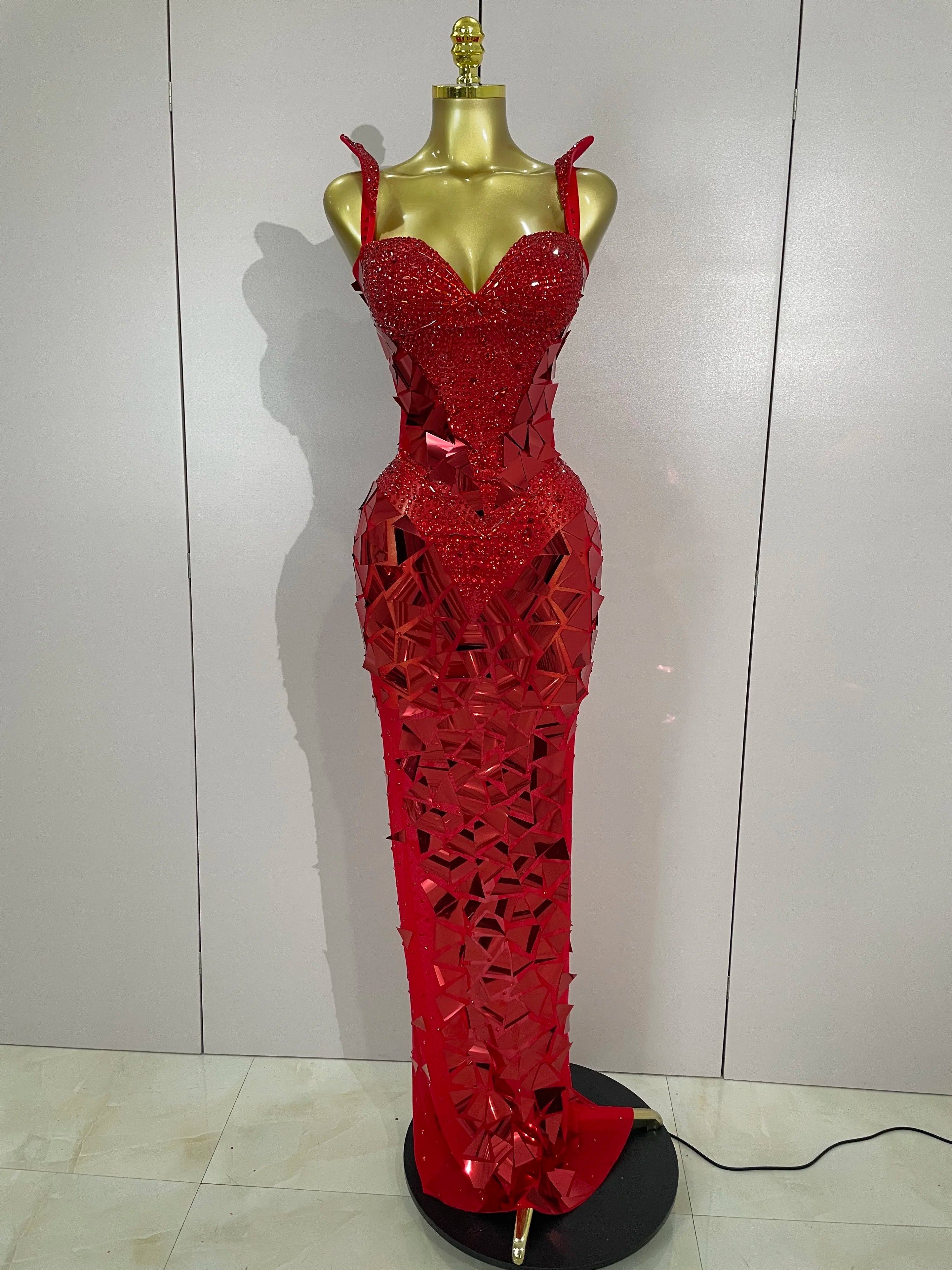 Sexy Luxury Sparkly Diamonds Mirror Sequins Mesh Transparent Long Dress Women Evening Birthday Party Nightclub Bar Stage Costume